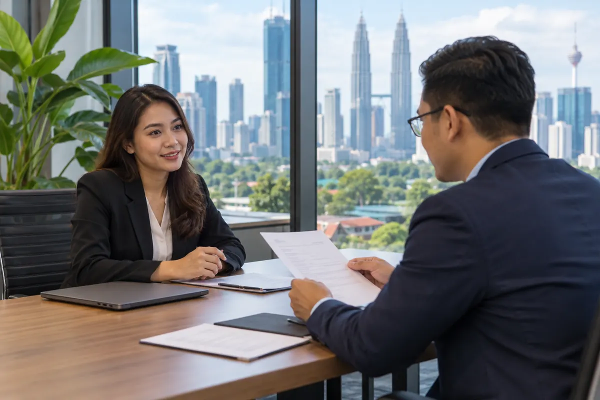 Kuala Lumpur’da iş sözleşmesini değerlendiren iki profesyonel