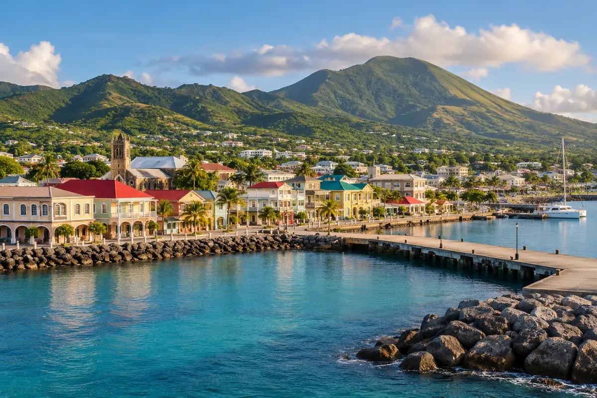 St. Kitts kıyısında yerleşim ve yeşil tepeler